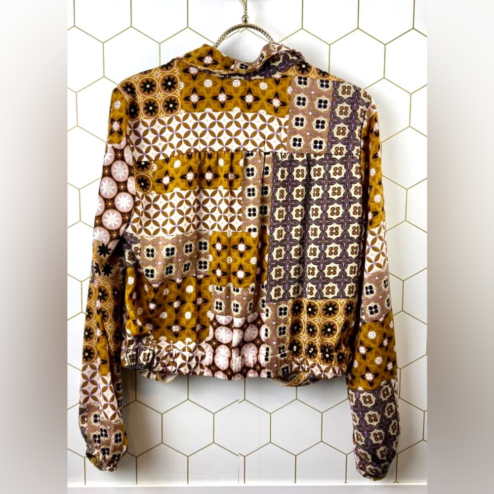 DREW Patchwork Print Gathered Front Button Up Blo… - image 2